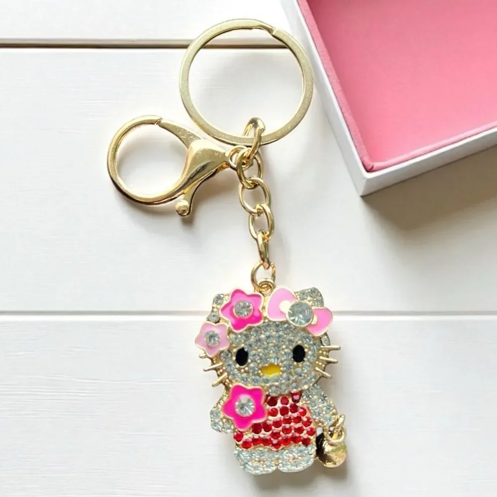Cute Red And Clear Crystal Flower Hello Kitty Keychain
